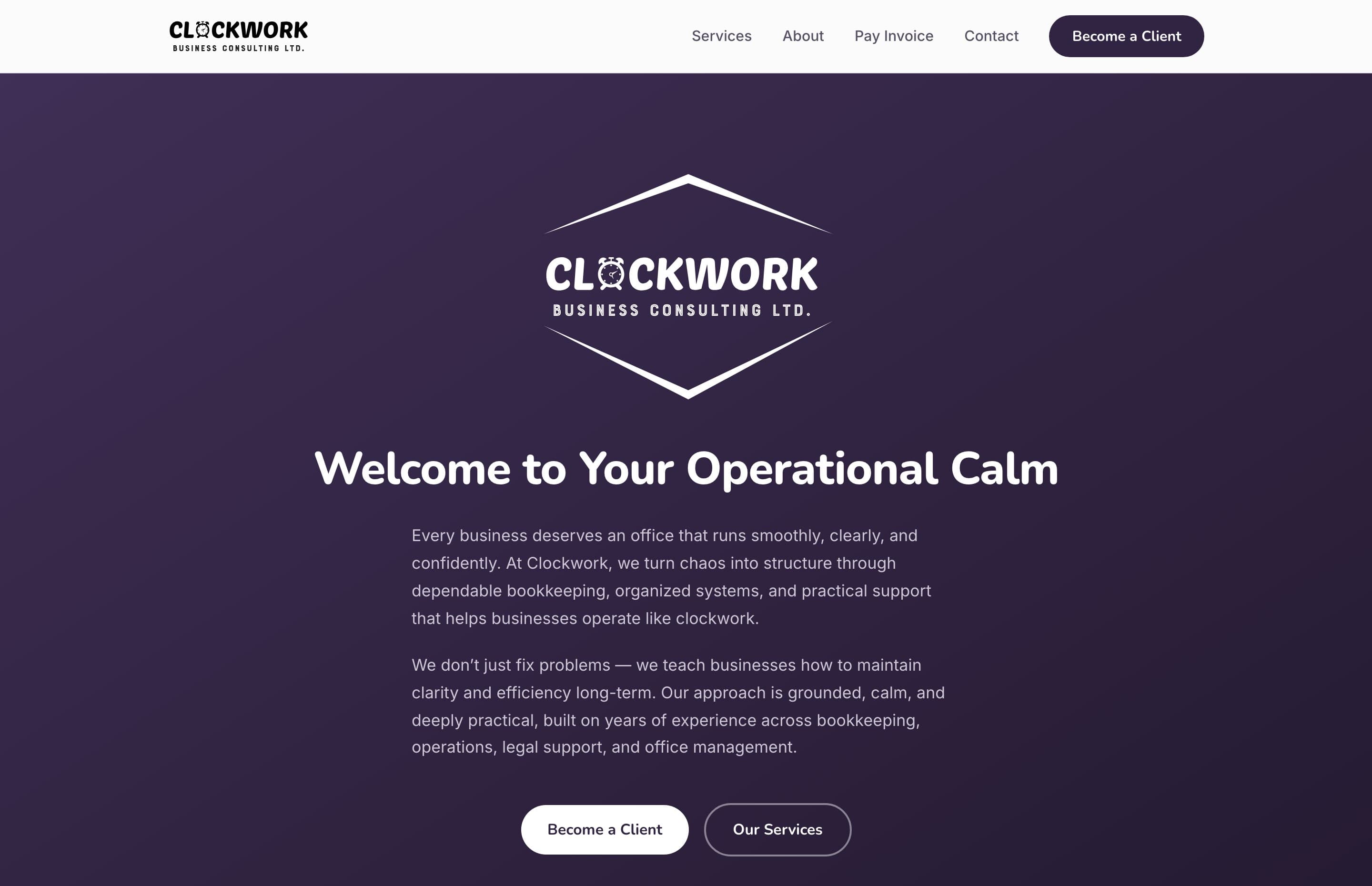 The Clockwork Business Consulting homepage: the firm's logo and the headline “Welcome to Your Operational Calm” on a deep purple background.
