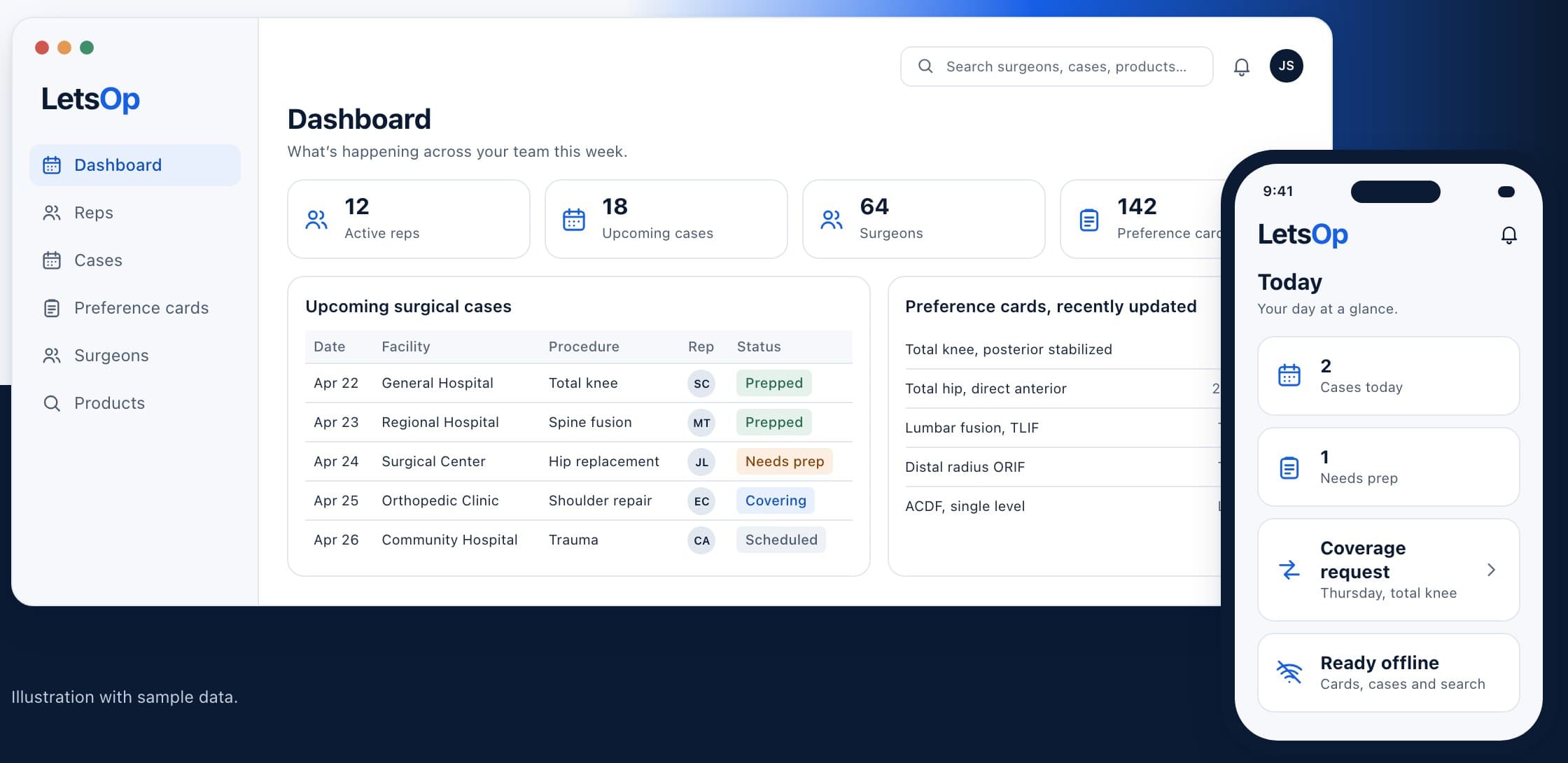 LetsOp on a laptop and a phone: a dashboard of upcoming surgical cases and recently updated preference cards, and the rep's day at a glance. An illustration with sample data.