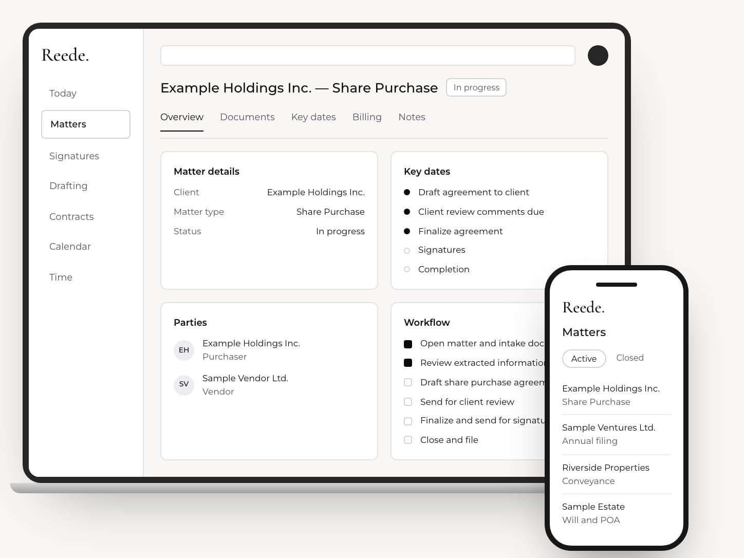 Reede on a laptop and a phone: a share purchase matter with its parties, key dates and workflow checklist, and a list of open matters.