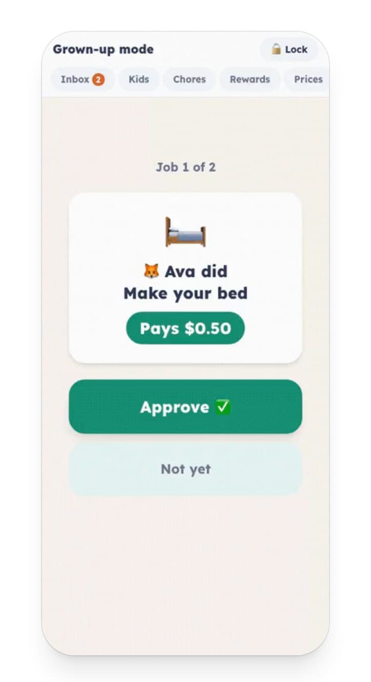 Sock Market's grown-up mode on a phone: a child's completed chore, “Make your bed”, waiting for a parent to approve its fifty-cent payment.